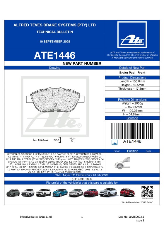 ATE1446 NEW! Brake Pad for CITROËN C3 AIRCROSS II, C3 II, III;CITROËN C3 PICASSO;CITROËN C4 CACTUS;CITROËN DS3; OPEL CROSSLAND X, CORSA F, MOKKA II ; PEUGEOT 208 II, 2008 II, 2008 I. featured image